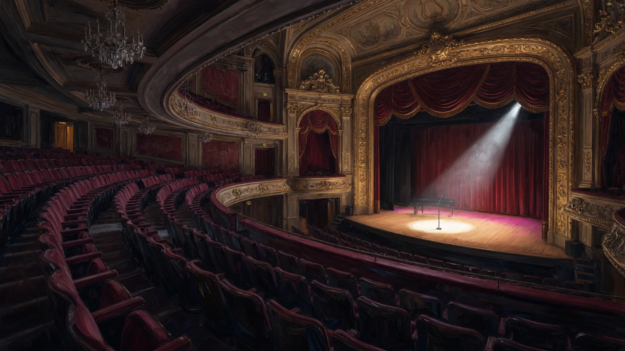 An empty American concert hall, one spotlight on the stage.