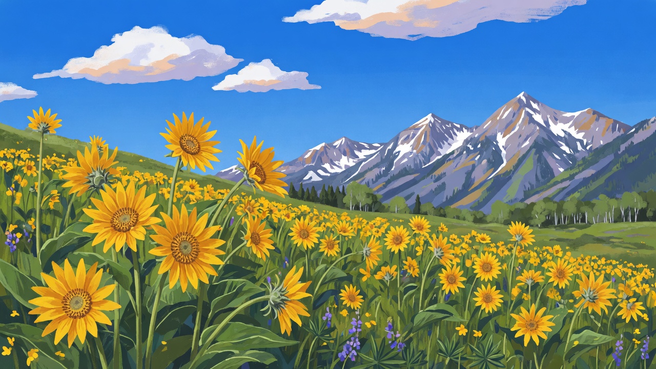Wasatch meadow of golden balsamroot under a clear sky.